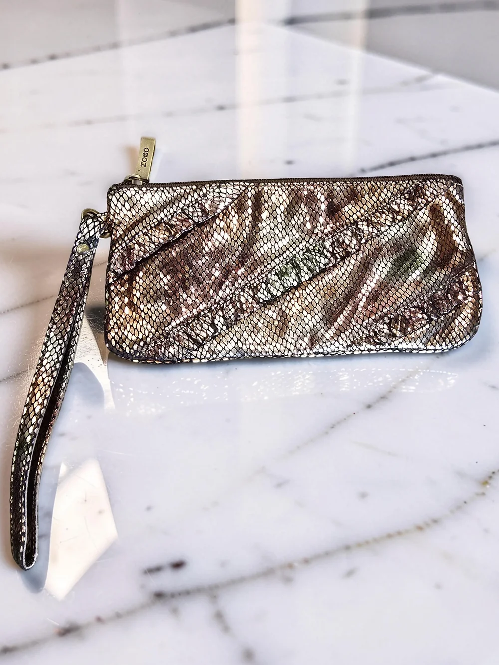 HOBO Sable Metal Snake Embossed Leather Wristlet Pouch Clutch